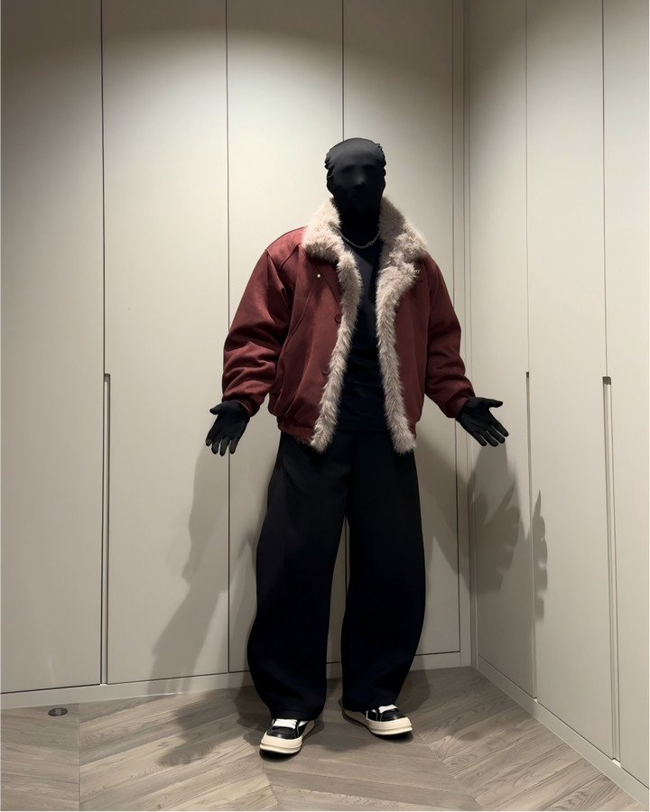 STEP BLOCK ST057 Reversible Shearling Lined Ribbed Collar Bomber Jacket