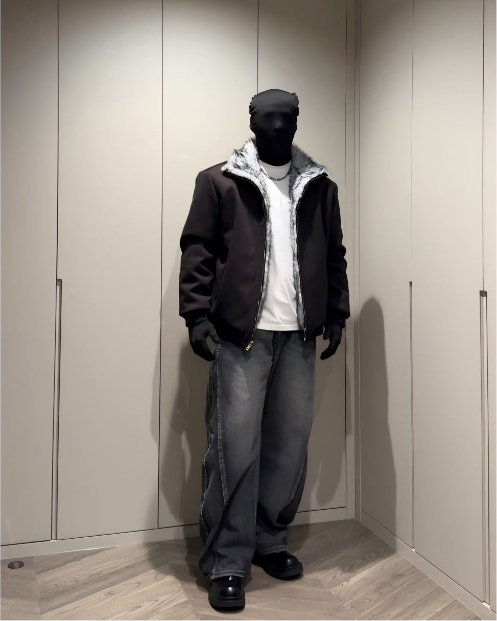 STEP BLOCK ST044 Reversible Shearling Lined Ribbed Collar Bomber Jacket