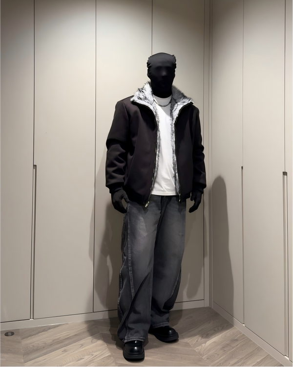 STEP BLOCK ST044 Reversible Shearling Lined Ribbed Collar Bomber Jacket