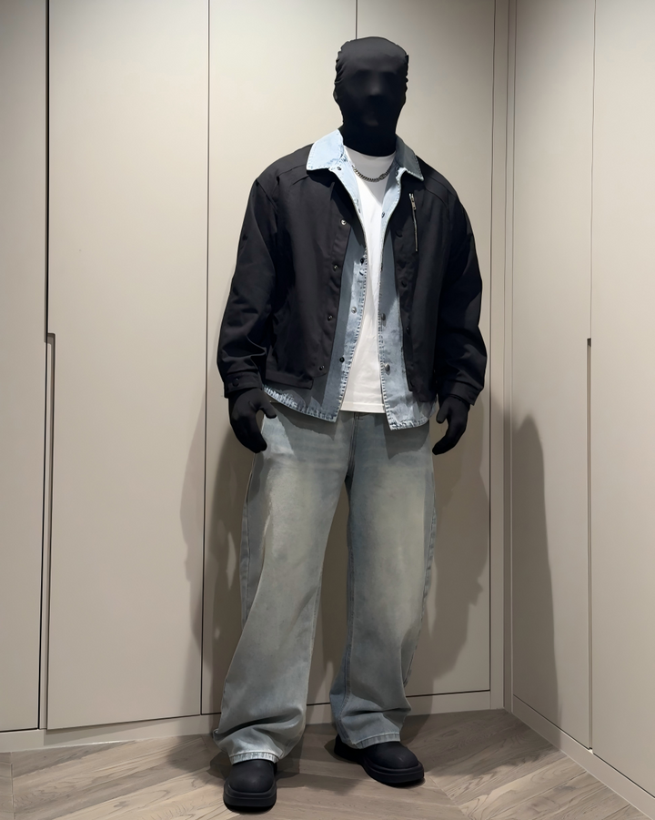 STEP BLOCK ST001 Denim Collar Washed Workwear Zip-Up Jacket