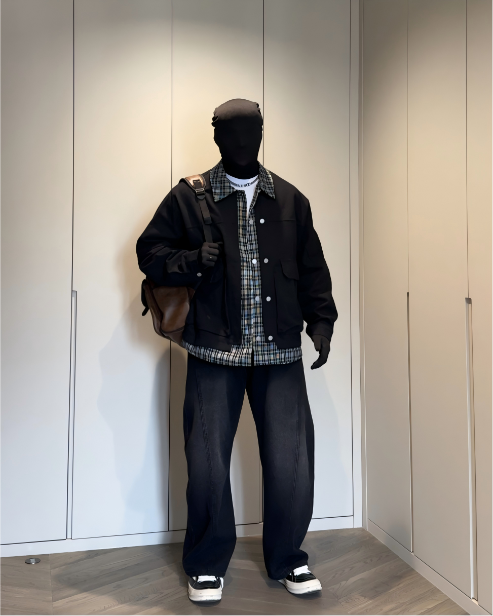 STEP BLOCK ST052 Plaid Contrast Collar Utility Pocket Workwear Jacket