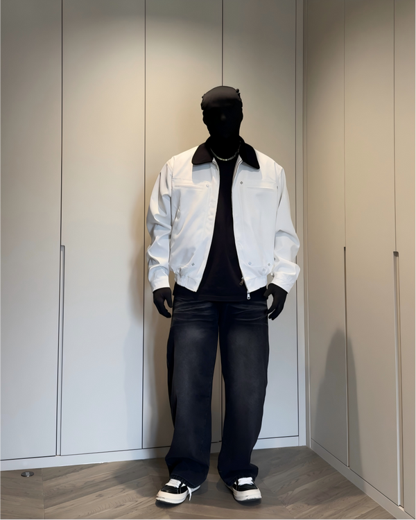 STEP BLOCK ST056 Contrast Shearling Collar Washed Workwear Jacket