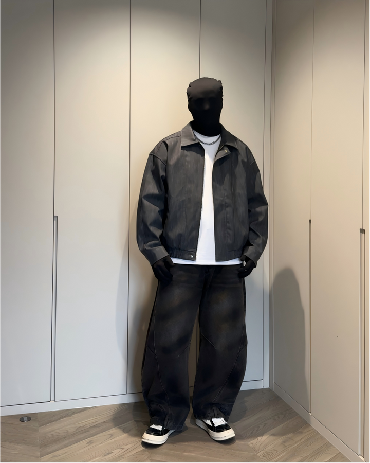 STEP BLOCK ST037 Washed Distressed Faux Leather Stand Collar Bomber Jacket