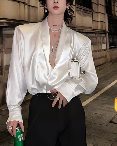 STEP BLOCK MT537 Deep V-Neck Satin Long-Sleeve Shirt