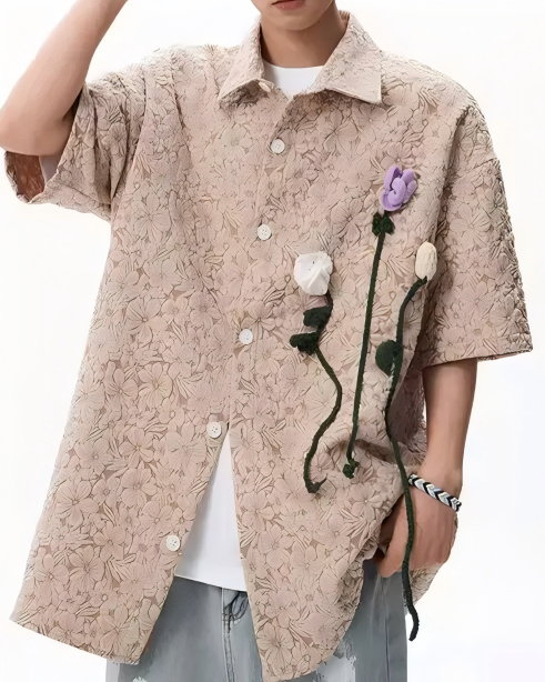 STEP BLOCK MT545 Floral Appliqué Short-Sleeve Shirt