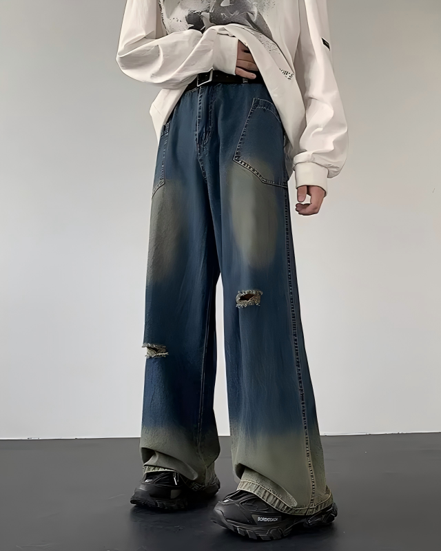 STEP BLOCK MT021 Vintage Distressed Wide-Leg Jeans