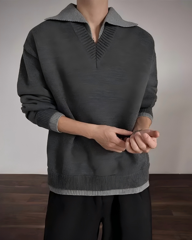 STEP BLOCK ST059 Denim Collar Faux Layered Oversized Knit Sweater