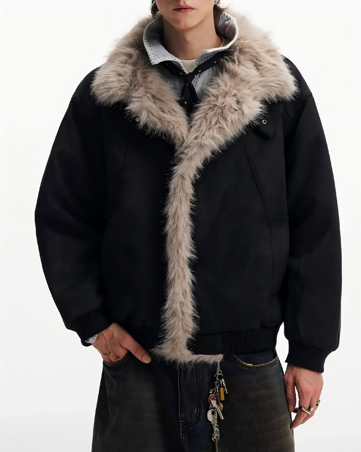 STEP BLOCK ST057 Reversible Shearling Lined Ribbed Collar Bomber Jacket