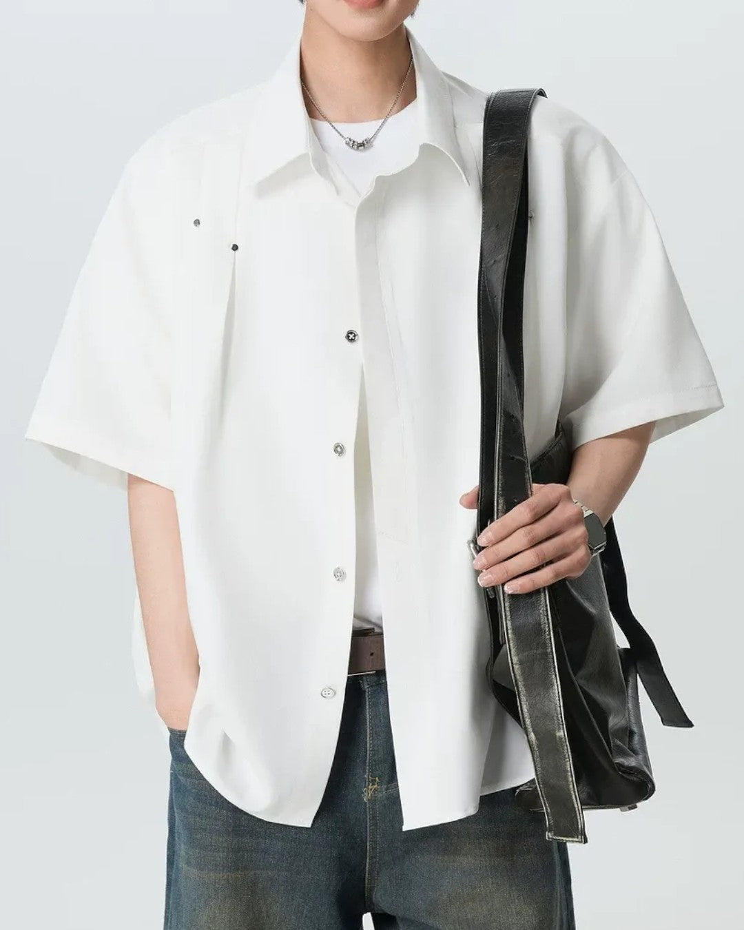 STEP BLOCK MT555 Studded Short Sleeve Button-Up T-Shirt - Streetwear