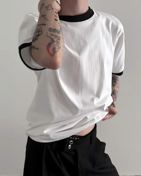 STEP BLOCK MT510 Men's Black Trim White Oversized Streetwear tshirt