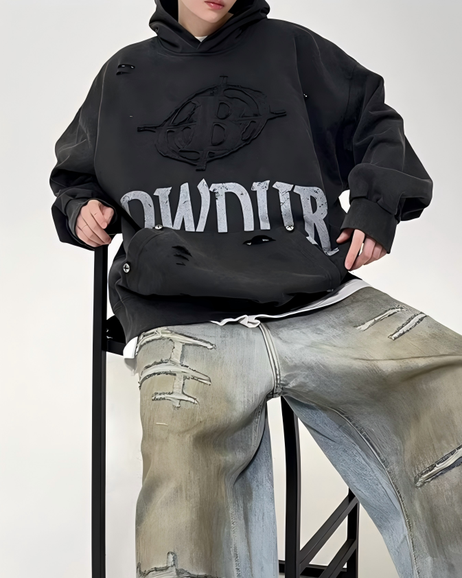 STEP BLOCK ST1011 Graphic Print Distressed Hoodie