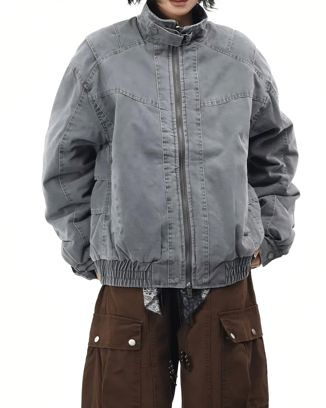 STEP BLOCK ST035 Washed Distressed Oversized Bomber Jacket