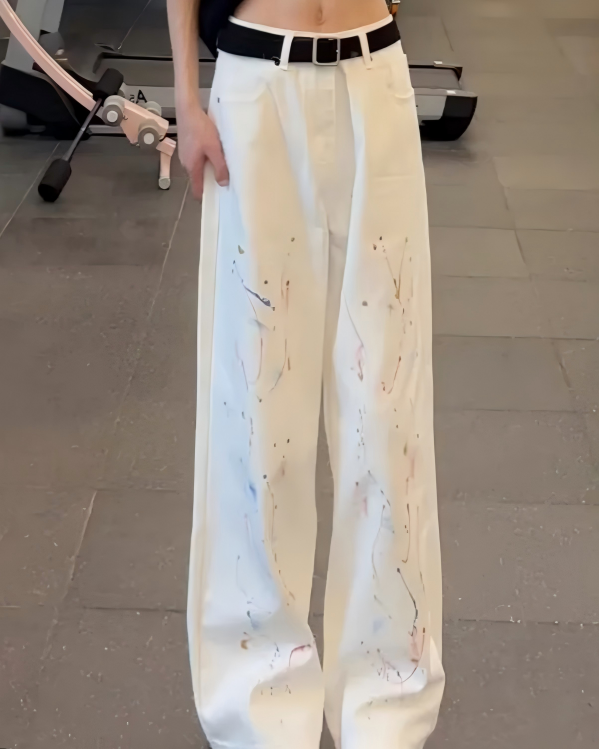 STEP BLOCK MT047 white wide-leg pants with colorful paint splatter design
