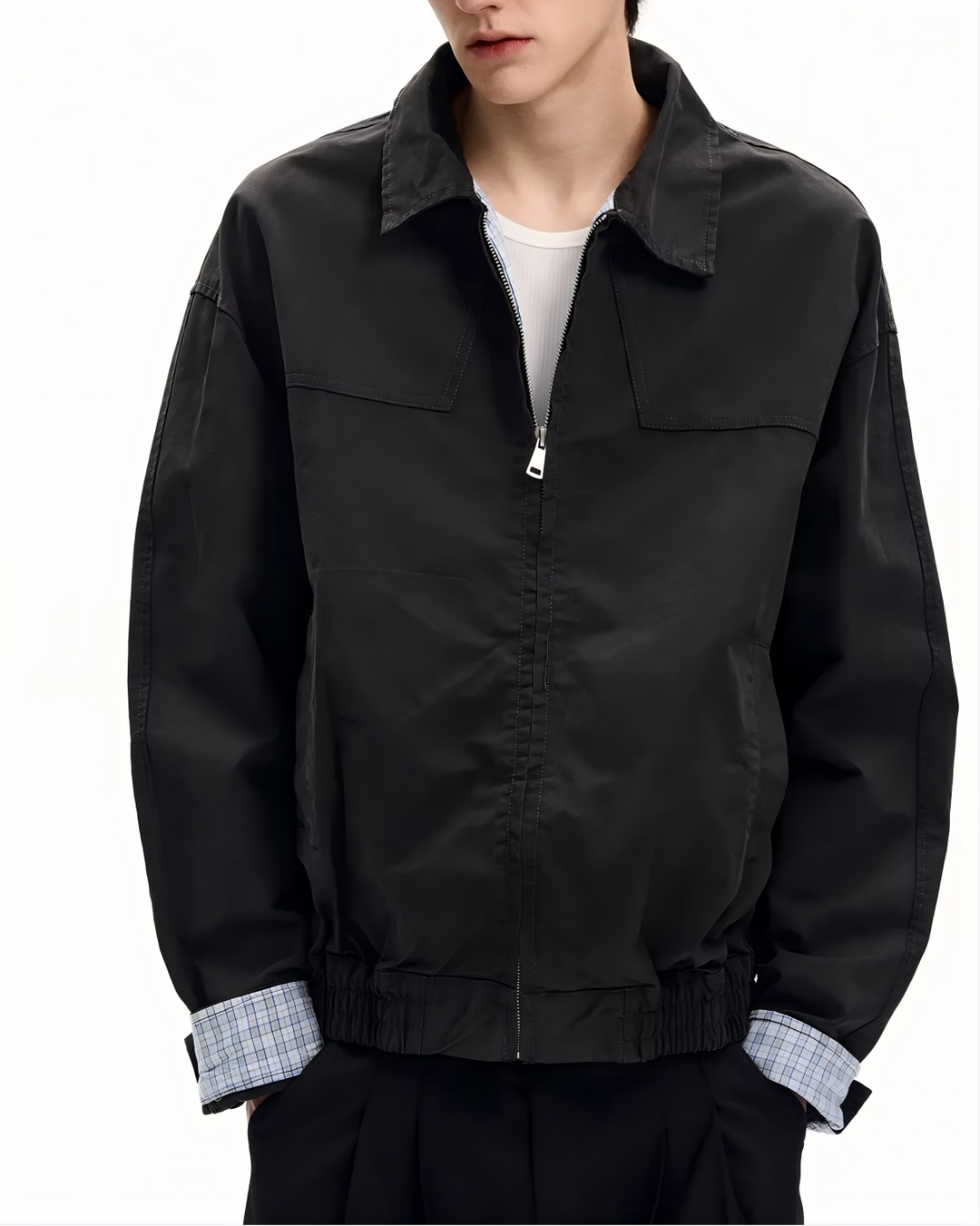 STEP BLOCK ST018 Contrast Cuff Minimalist Zip-Up Workwear Harrington Jacket