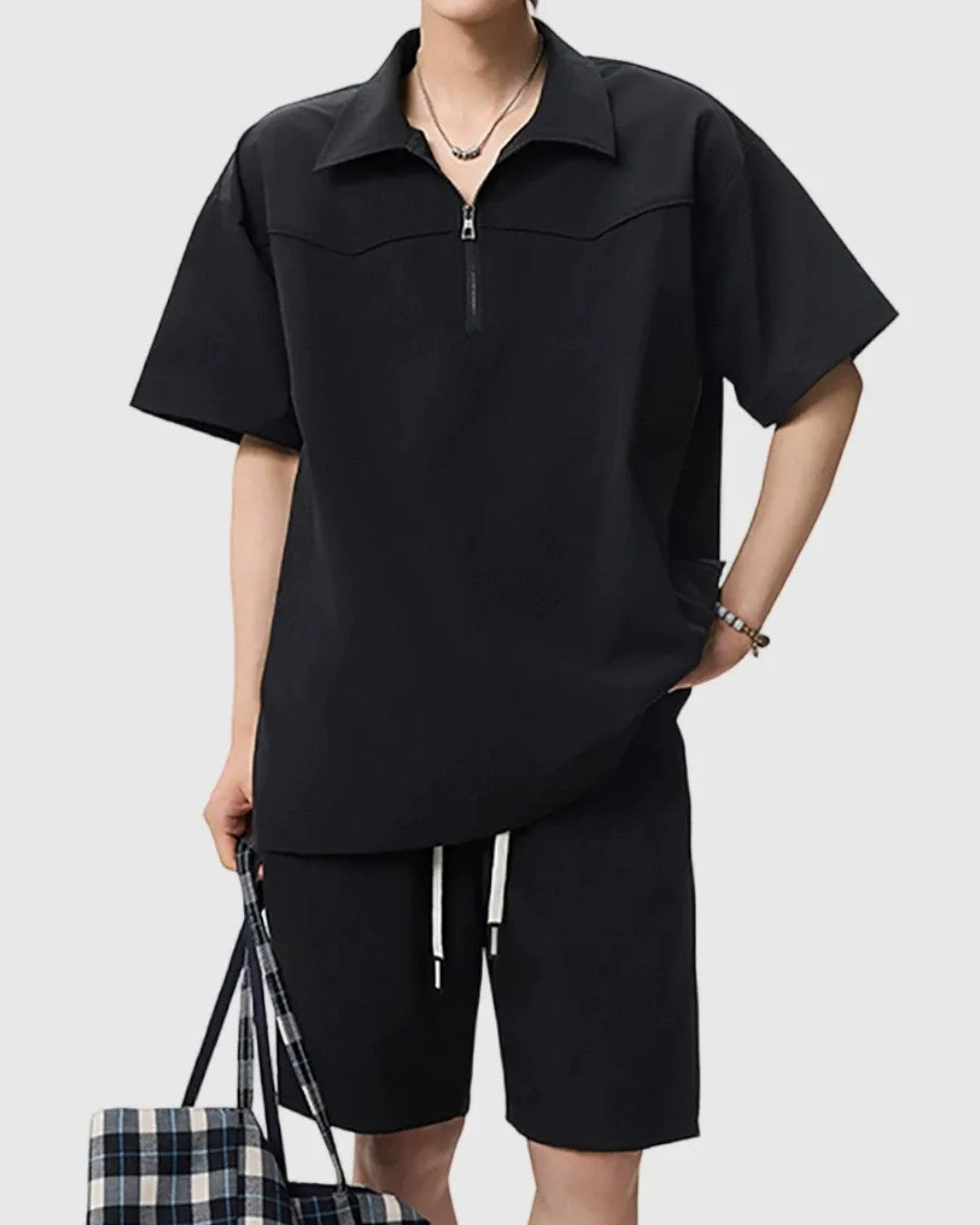 STEP BLOCK MT559 Ice Silk Zip Polo T-Shirt &amp; Shorts Set - Summer Tracksuit