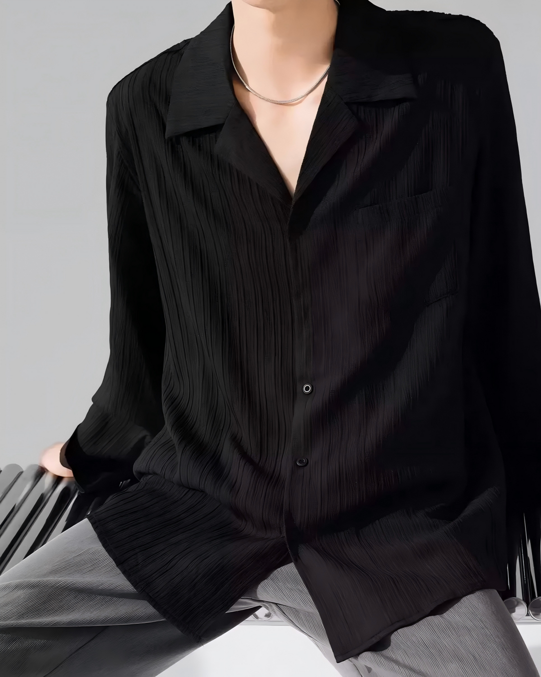 STEP BLOCK MT526 Crinkle Texture Camp Collar Long-Sleeve Shirt