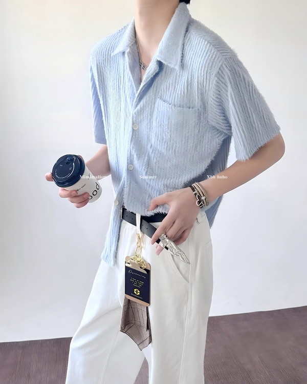 STEP BLOCK MT533 Crinkle Texture Camp Collar Short-Sleeve Shirt