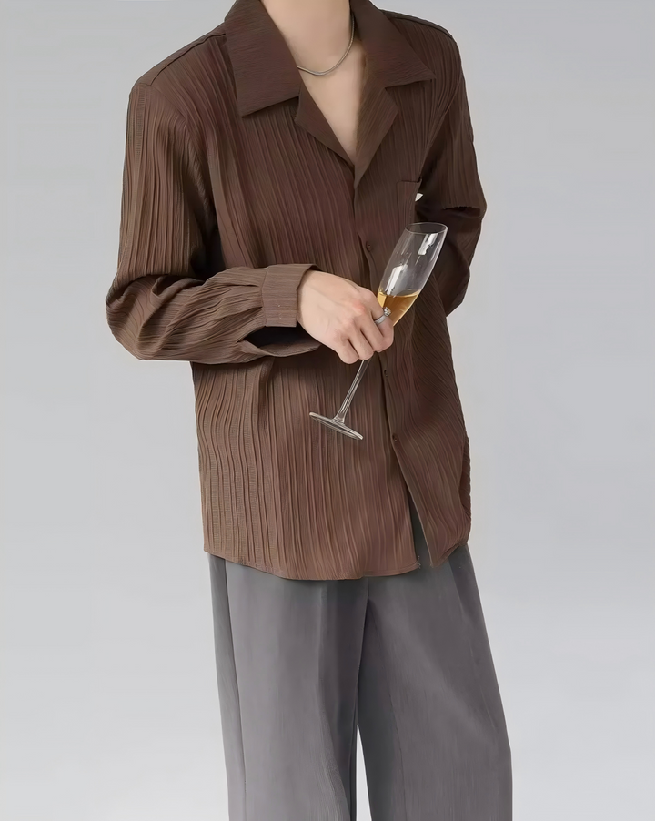 STEP BLOCK MT526 Crinkle Texture Camp Collar Long-Sleeve Shirt