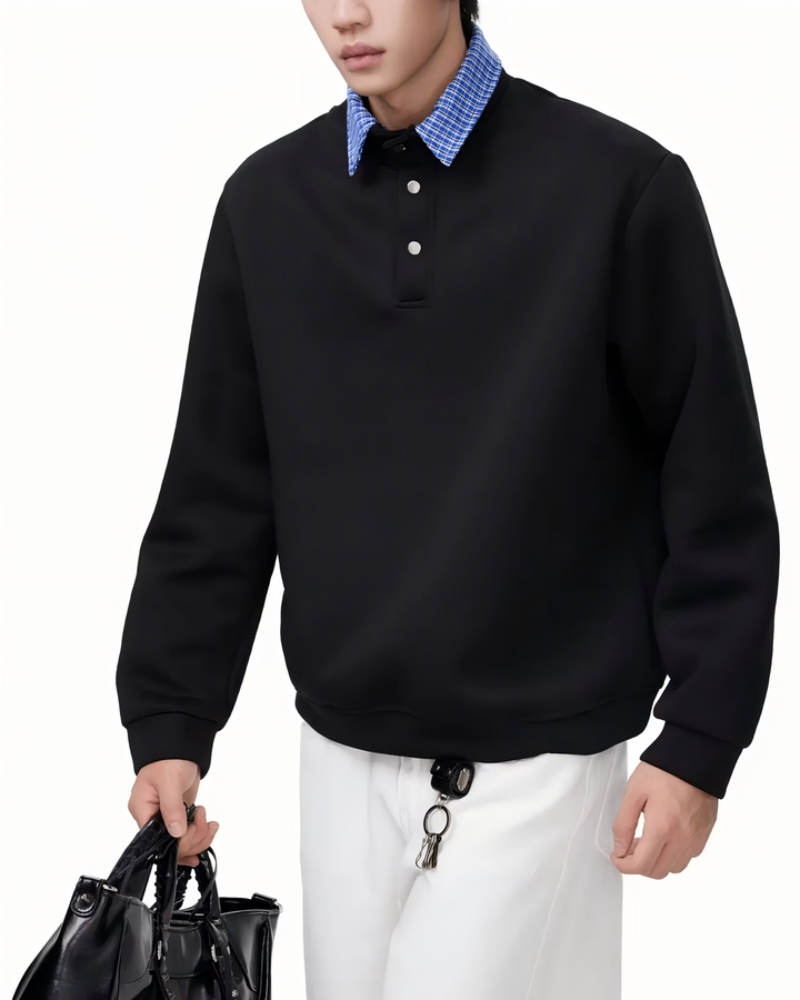 STEP BLOCK ST010 Faux Layered Denim Collar Half-Zip Sweater