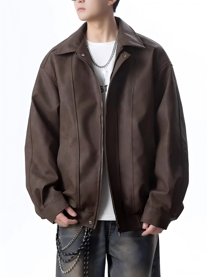 STEP BLOCK ST037 Washed Distressed Faux Leather Stand Collar Bomber Jacket