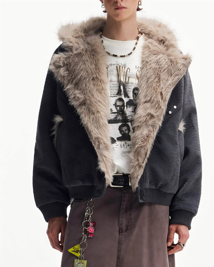 STEP BLOCK ST051 Oversized Shearling Lined Washed Denim Hooded Jacket
