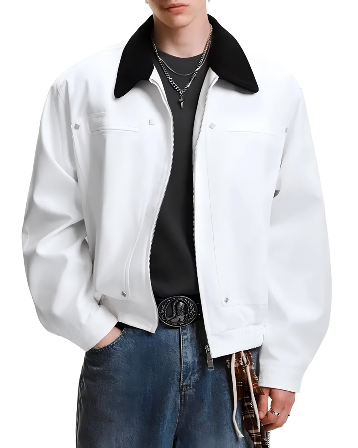 STEP BLOCK ST056 Contrast Shearling Collar Washed Workwear Jacket
