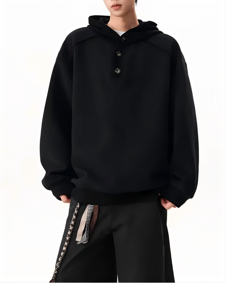 STEP BLOCK ST054 Minimalist Henley Neck Oversized Pullover Hoodie