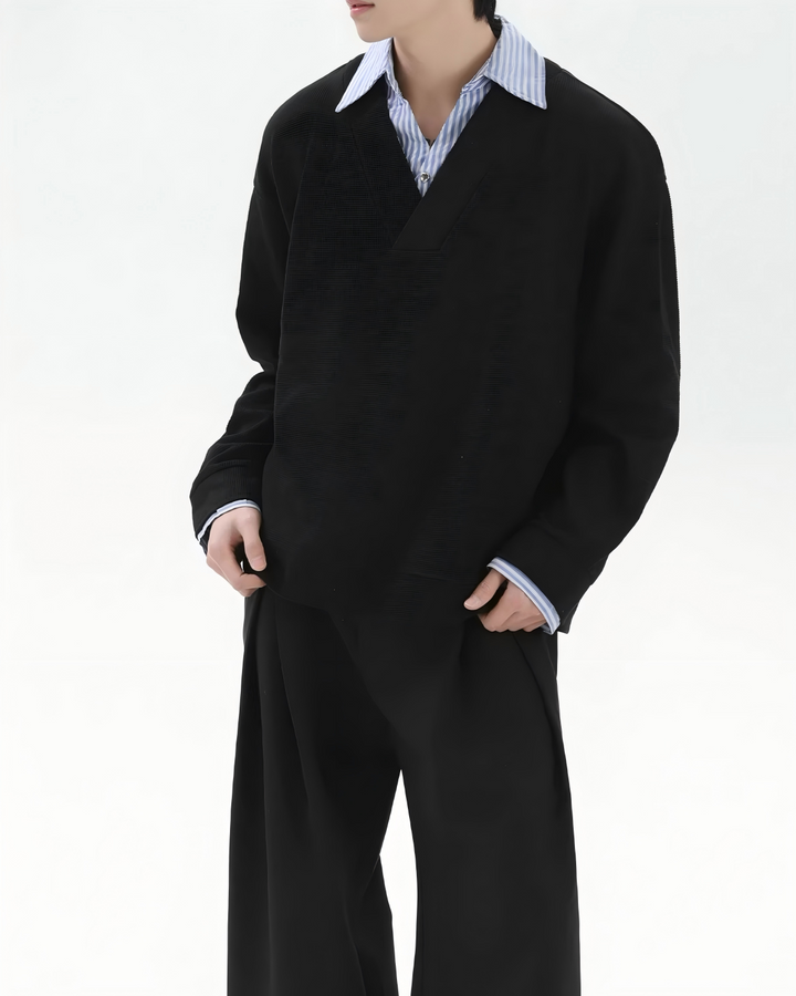 STEP BLOCK ST041 Faux Layered Collared V-Neck Oversized Knit Sweater