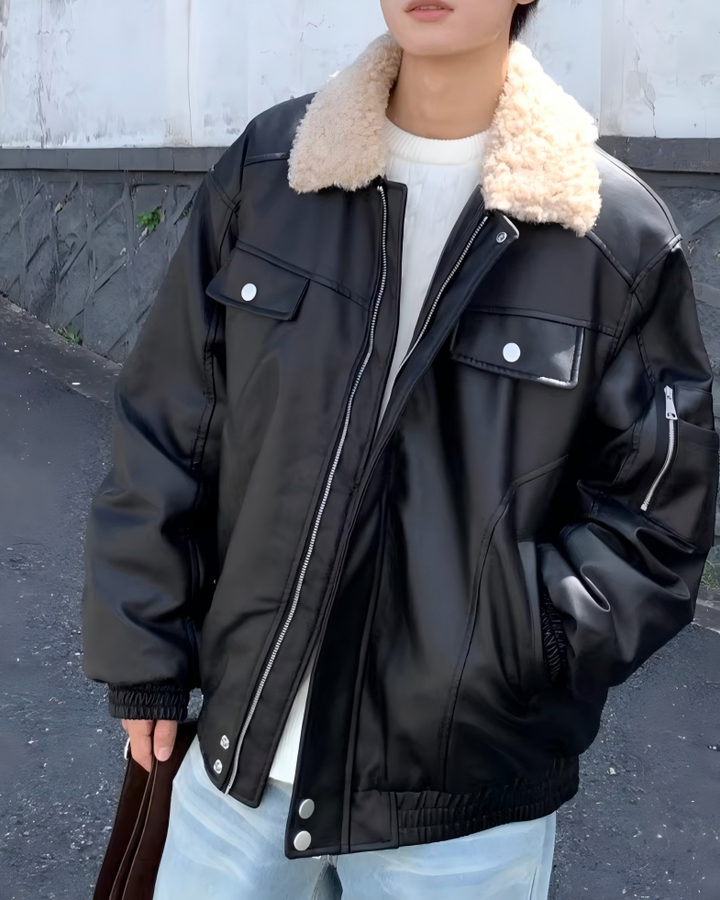 STEP BLOCK ST1018 Shearling Collar Leather Jacket