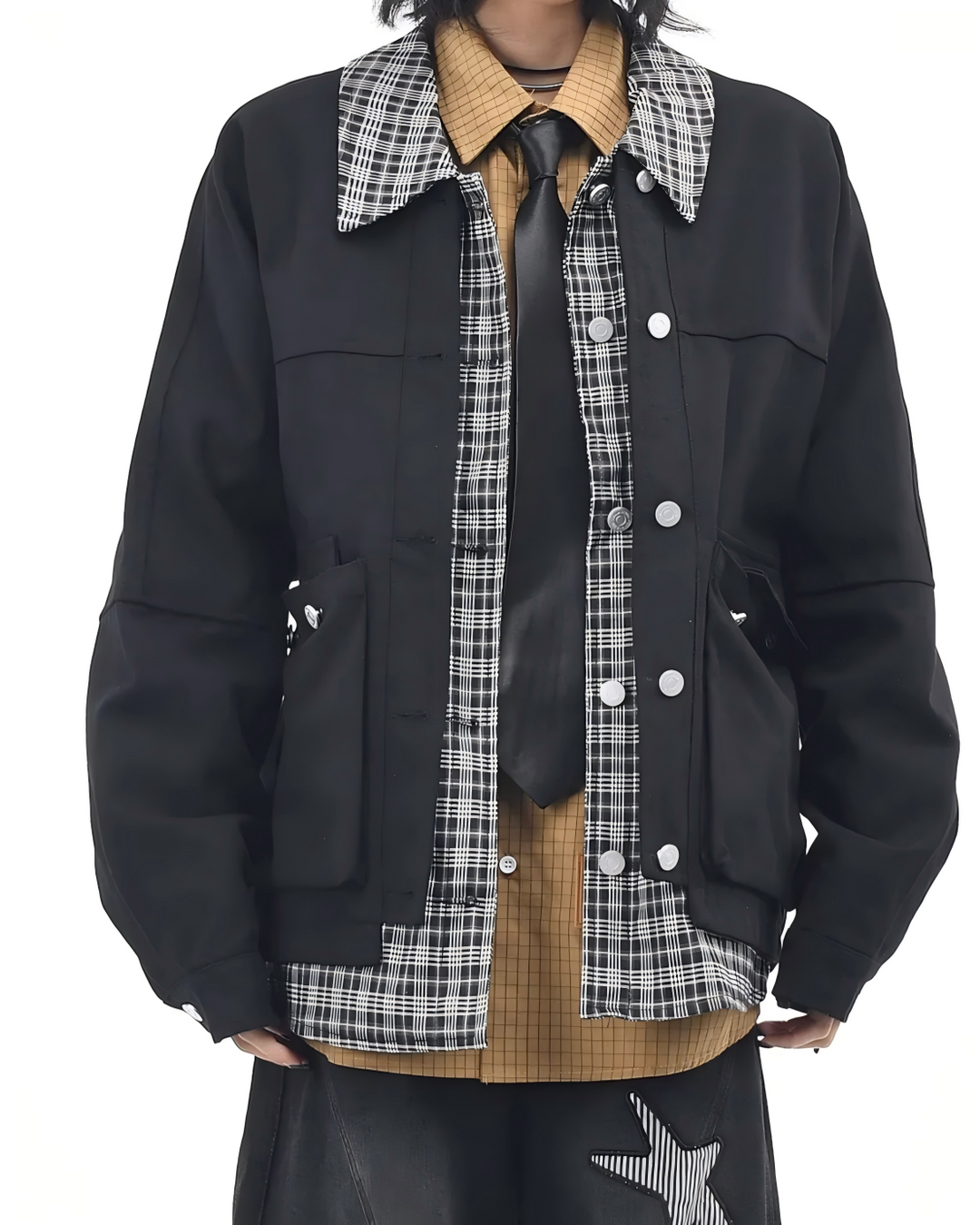 STEP BLOCK ST052 Plaid Contrast Collar Utility Pocket Workwear Jacket