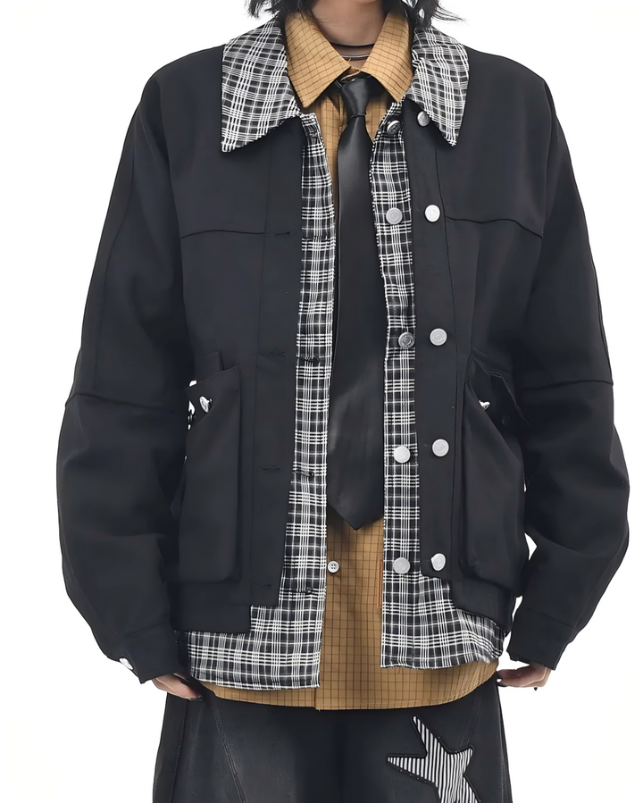 STEP BLOCK ST052 Plaid Contrast Collar Utility Pocket Workwear Jacket