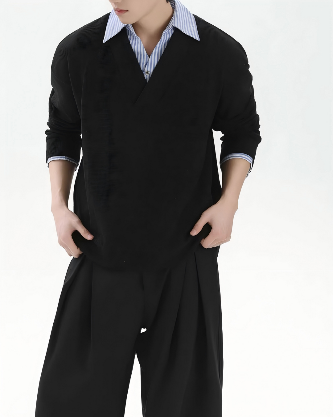 STEP BLOCK ST041 Faux Layered Collared V-Neck Oversized Knit Sweater