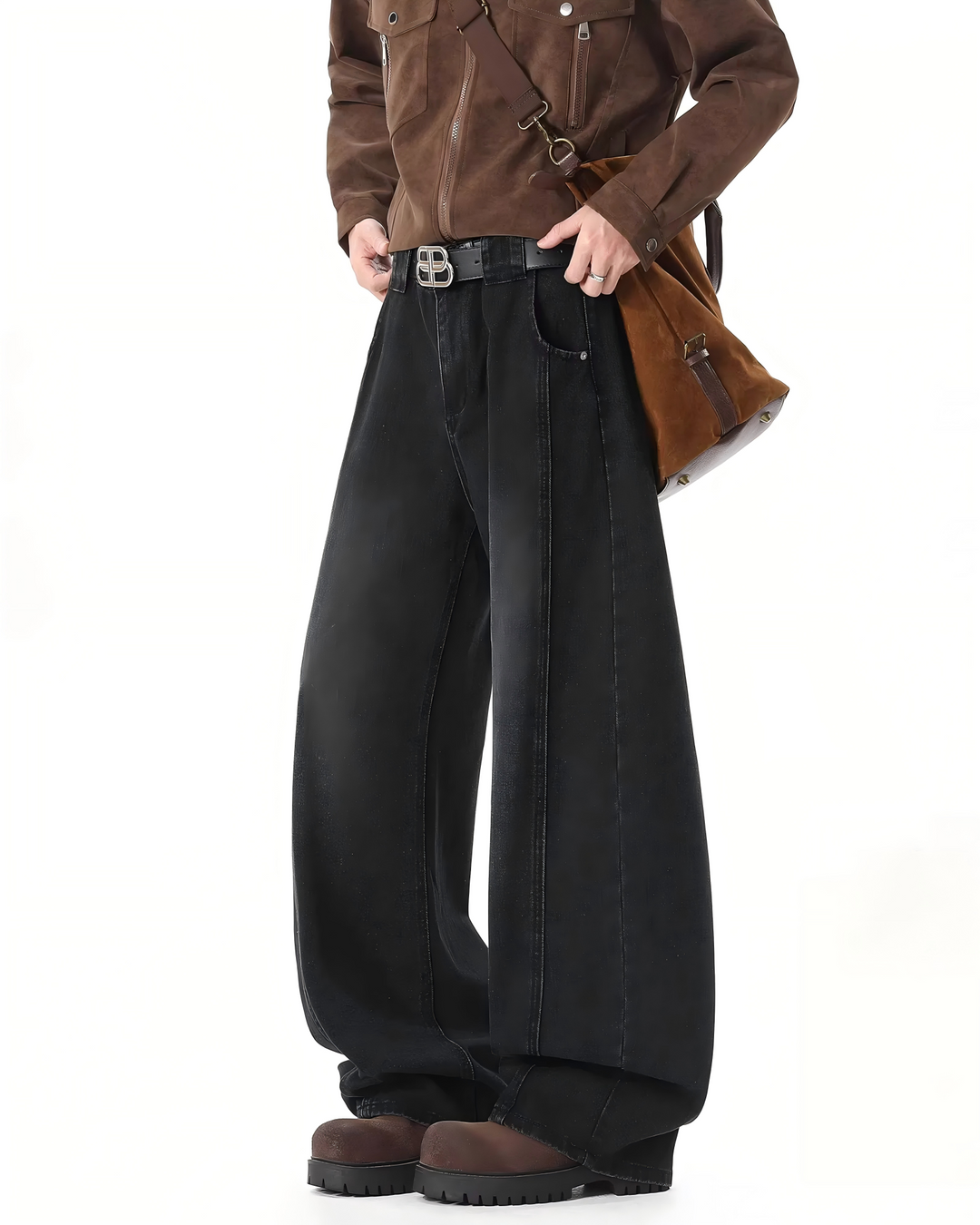 STEP BLOCK MT035 vintage washed black and dark blue baggy jeans