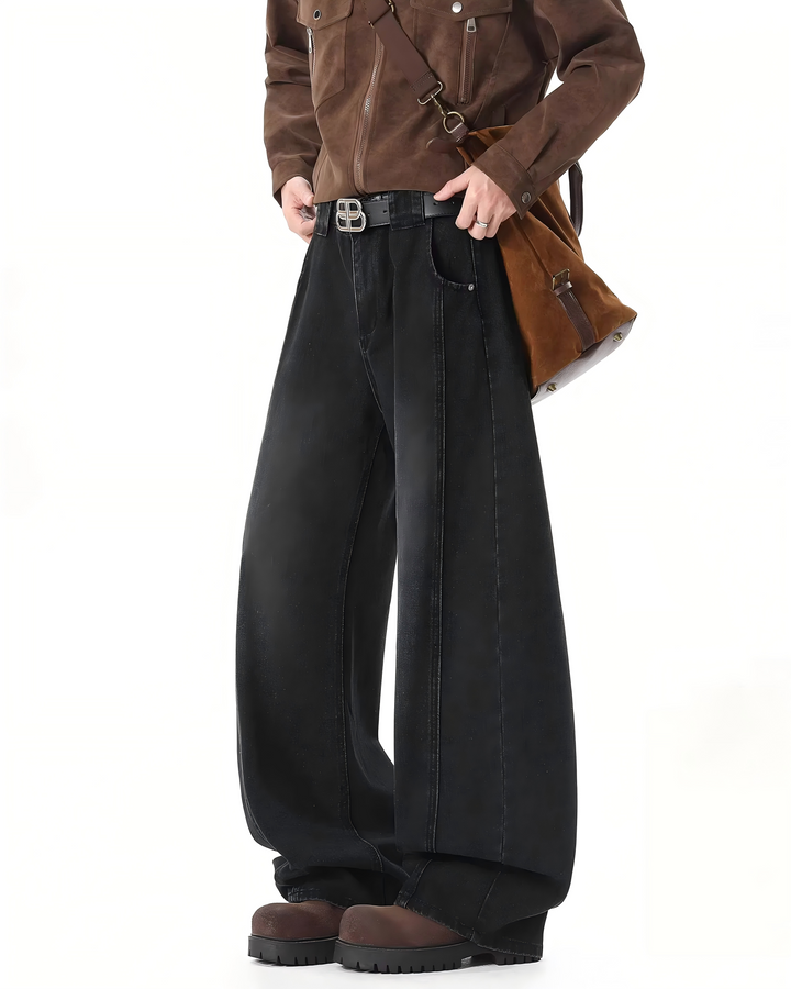 STEP BLOCK MT035 vintage washed black and dark blue baggy jeans