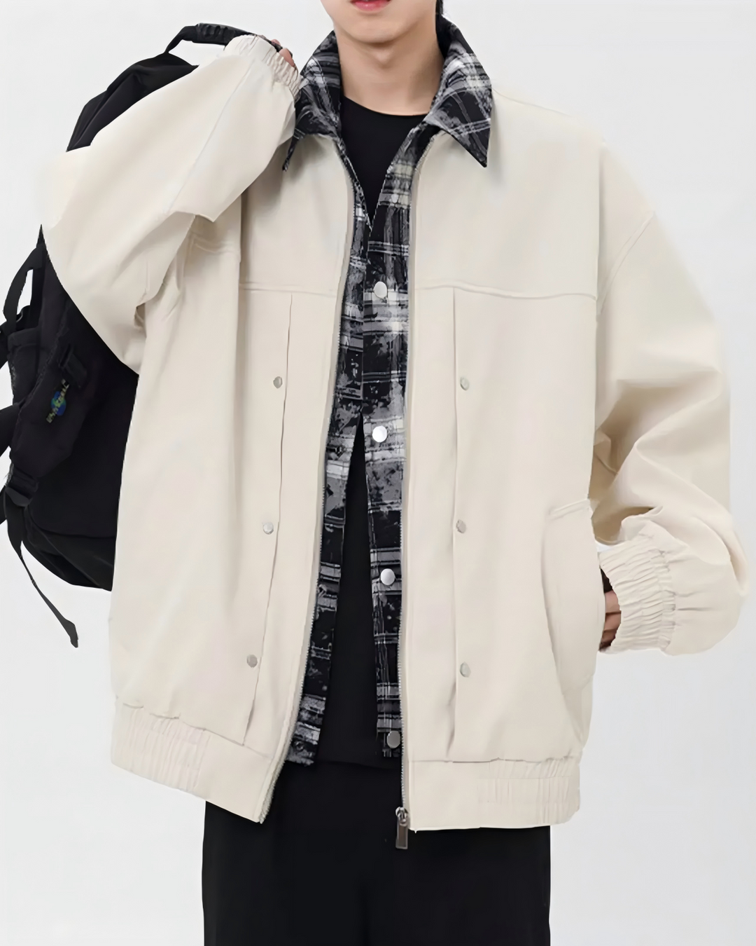 STEP BLOCK ST027 Plaid Lined Stand Collar Oversized Workwear Jacket