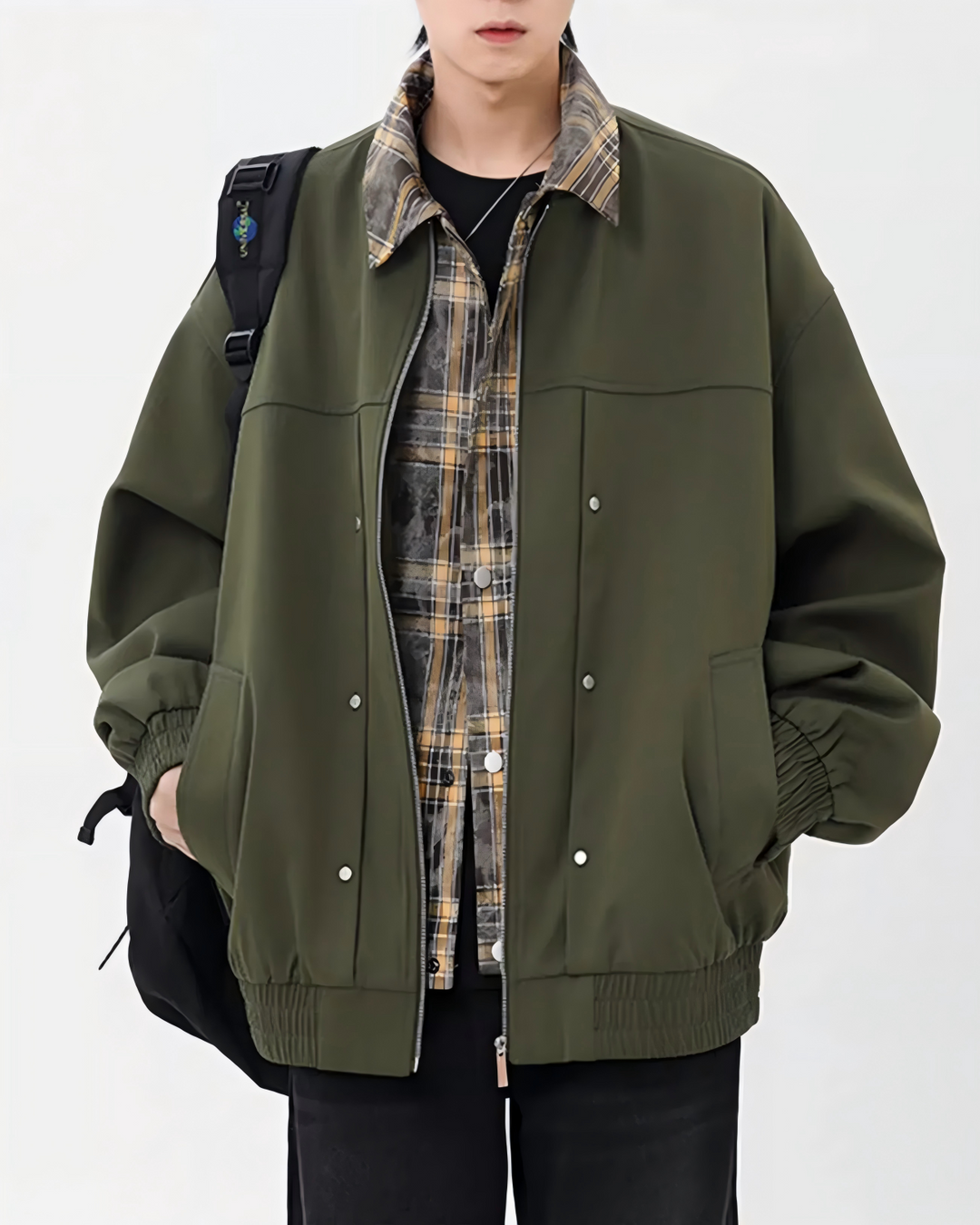 STEP BLOCK ST027 Plaid Lined Stand Collar Oversized Workwear Jacket