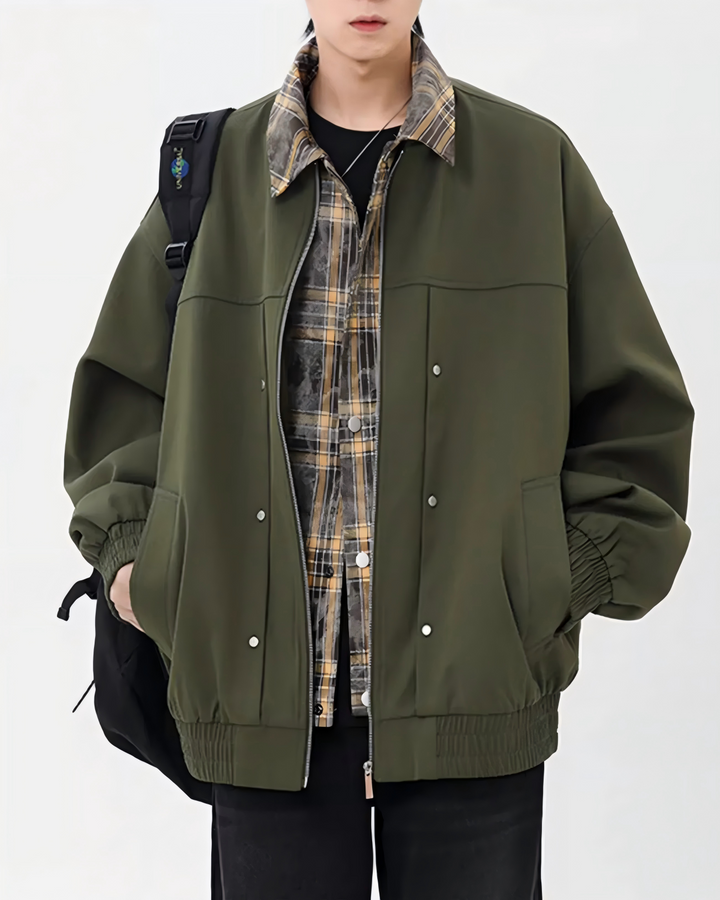 STEP BLOCK ST027 Plaid Lined Stand Collar Oversized Workwear Jacket