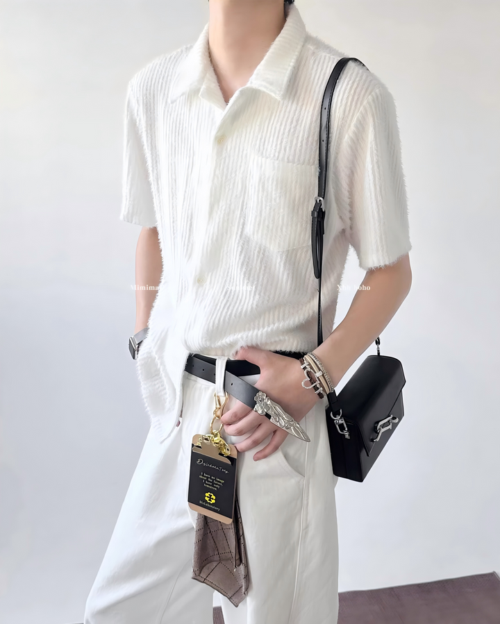 STEP BLOCK MT533 Crinkle Texture Camp Collar Short-Sleeve Shirt