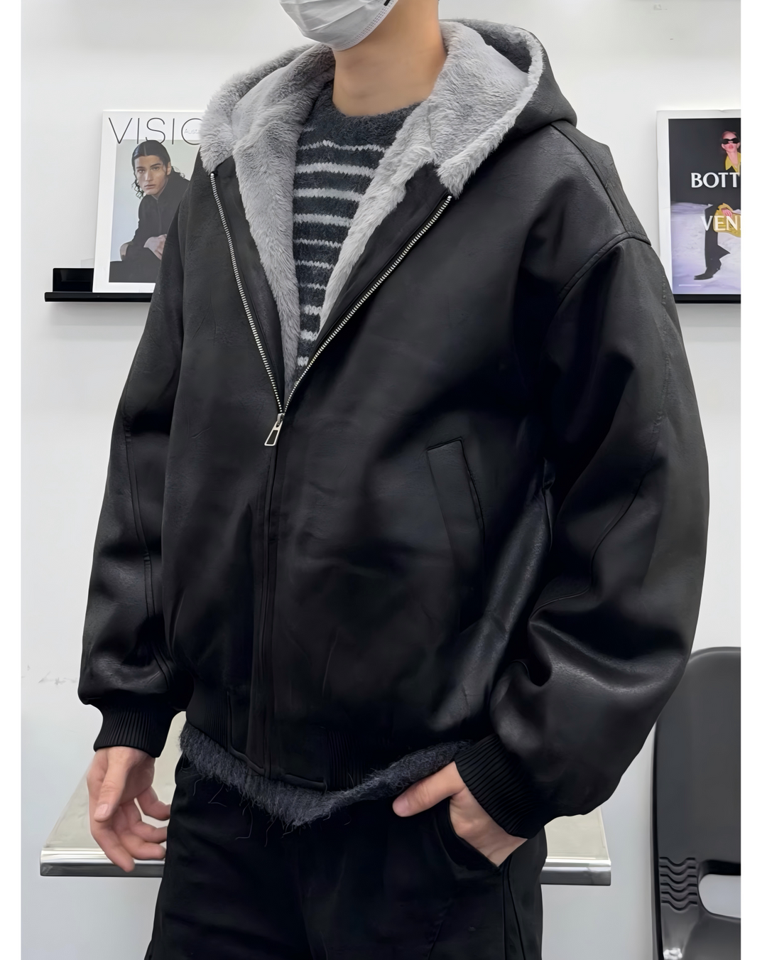 STEP BLOCK ST047 Reversible Shearling Lined Faux Leather Hooded Bomber Jacket