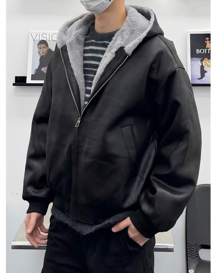STEP BLOCK ST047 Reversible Shearling Lined Faux Leather Hooded Bomber Jacket