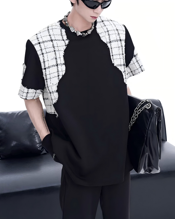 STEP BLOCK MT518 Men's Two-Tone Tweed Patchwork Oversized Streetwear tshirt