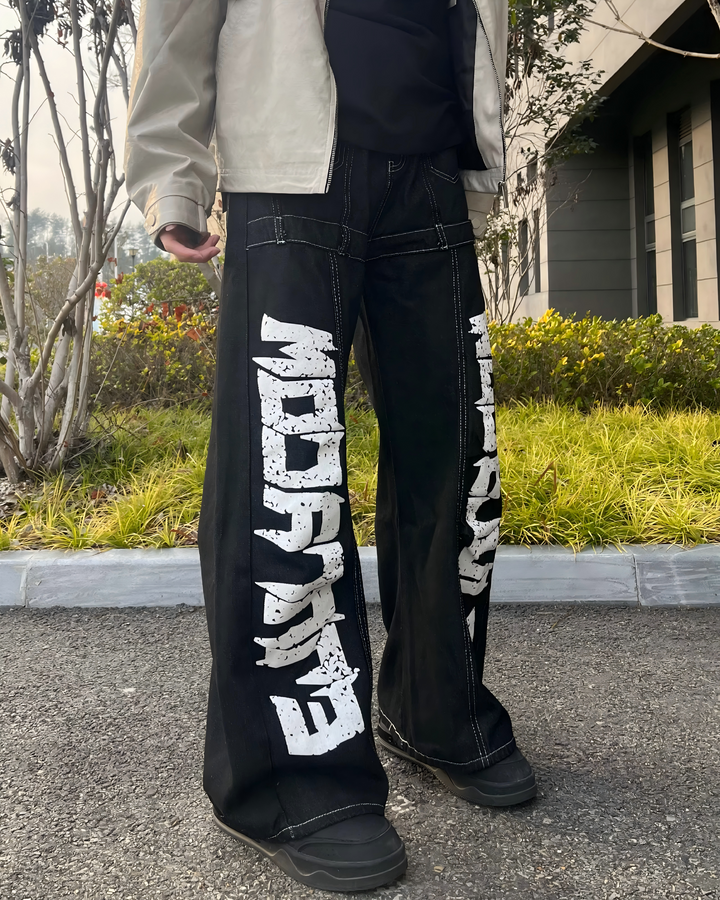 STEP BLOCK MT044 vintage black washed baggy jeans with side text embroidery