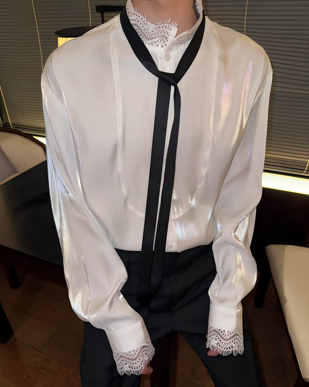 STEP BLOCK MT538 Lace Trim Tie Detail Long-Sleeve Shirt