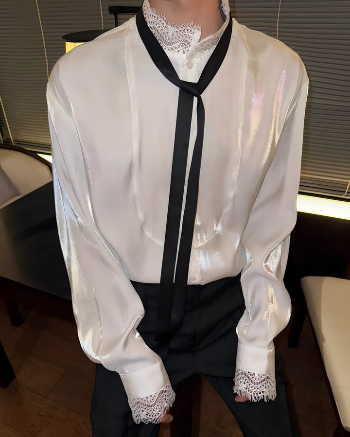 STEP BLOCK MT538 Lace Trim Tie Detail Long-Sleeve Shirt