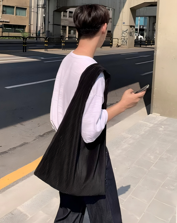 STEP BLOCK AC072 Oversized Black Woven Tote & Shoulder Bag