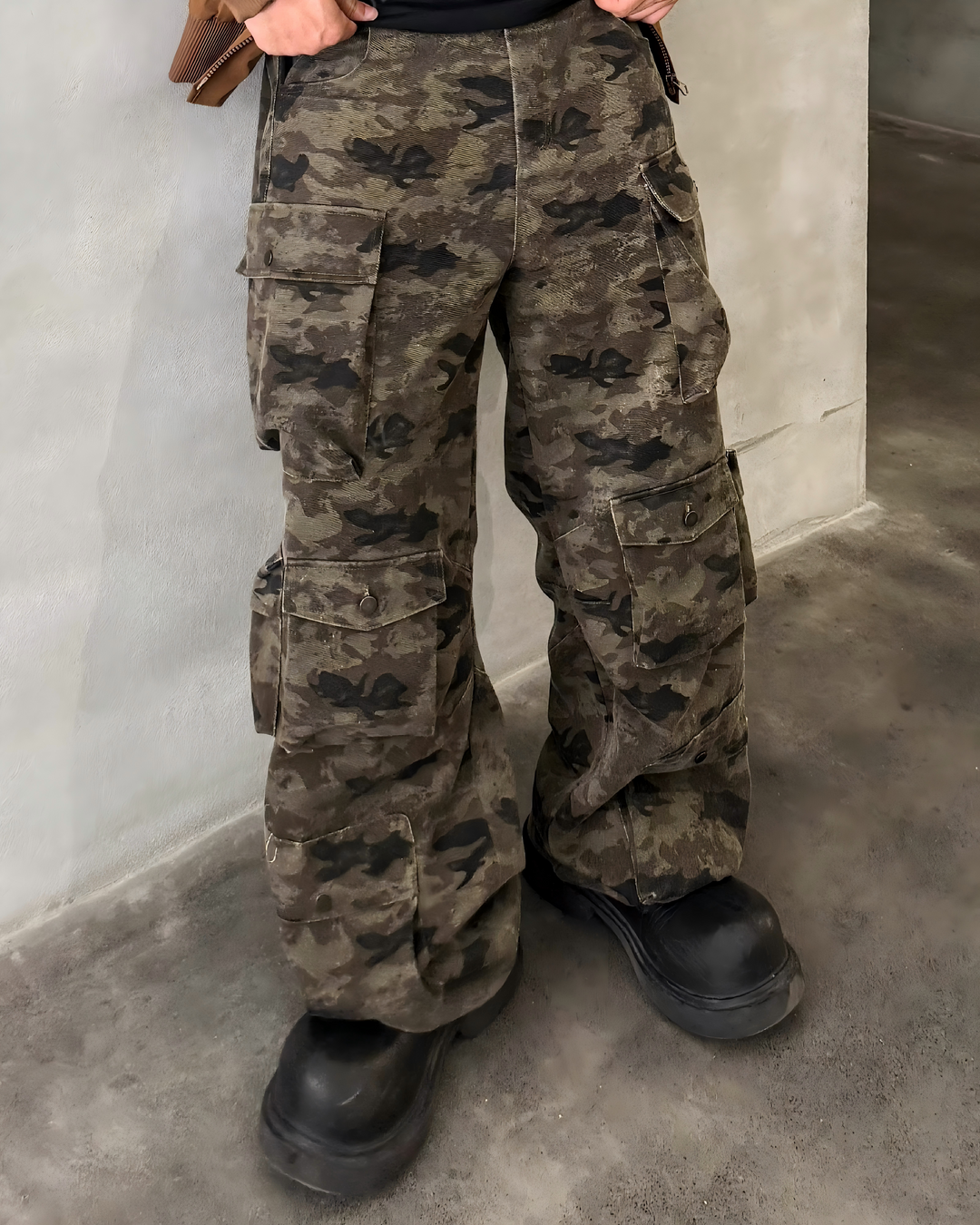 STEP BLOCK MT034 vintage camouflage multi-pocket baggy cargo pants