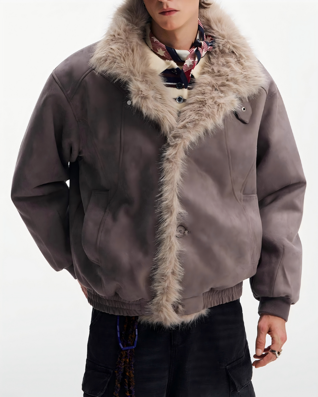 STEP BLOCK ST057 Reversible Shearling Lined Ribbed Collar Bomber Jacket