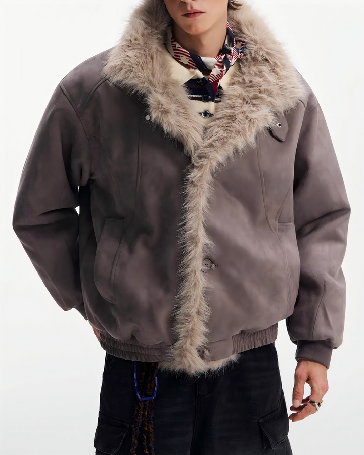 STEP BLOCK ST057 Reversible Shearling Lined Ribbed Collar Bomber Jacket