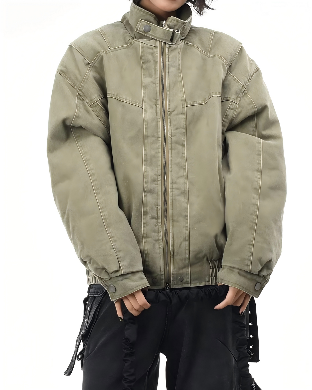 STEP BLOCK ST035 Washed Distressed Oversized Bomber Jacket