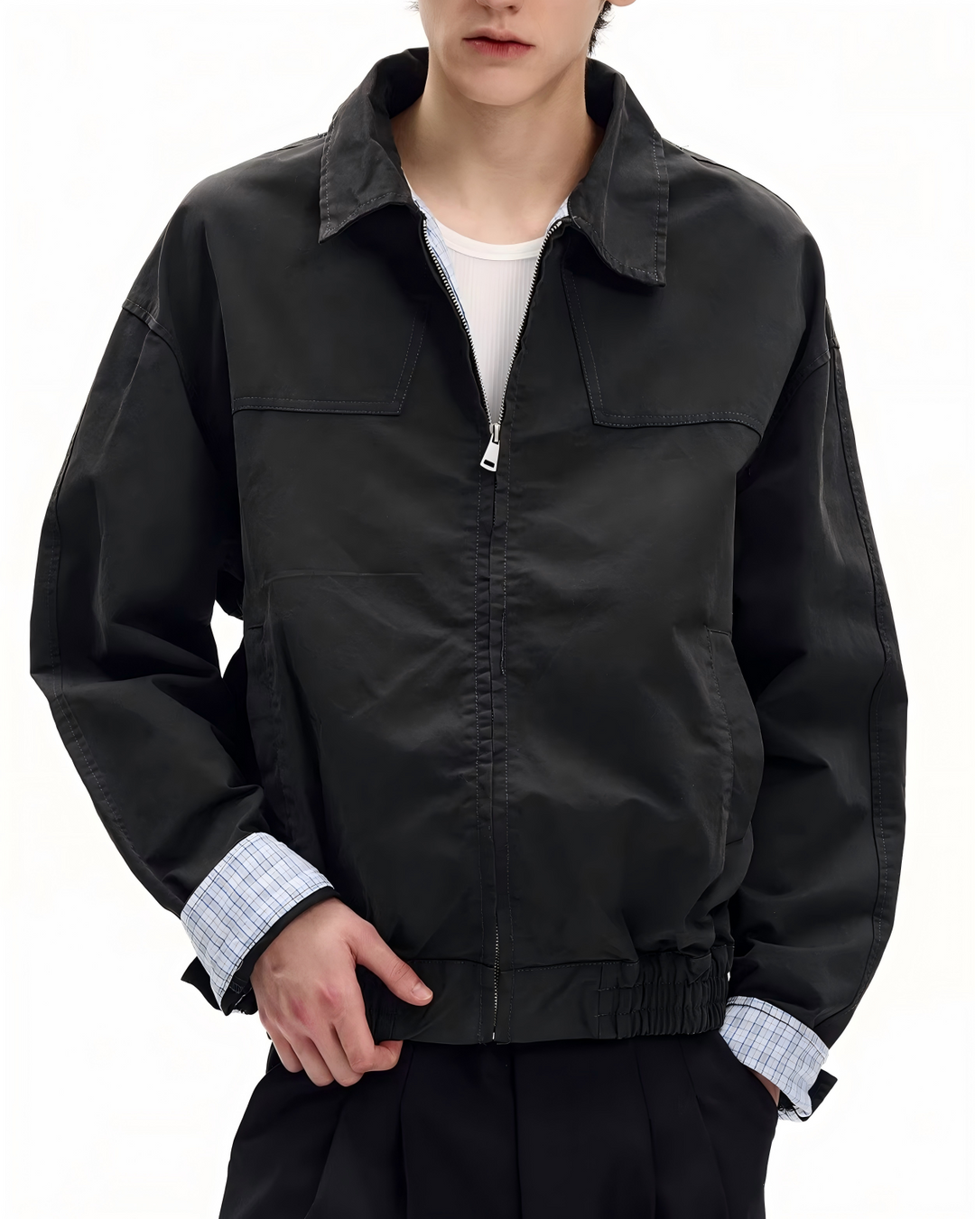 STEP BLOCK ST018 Contrast Cuff Minimalist Zip-Up Workwear Harrington Jacket